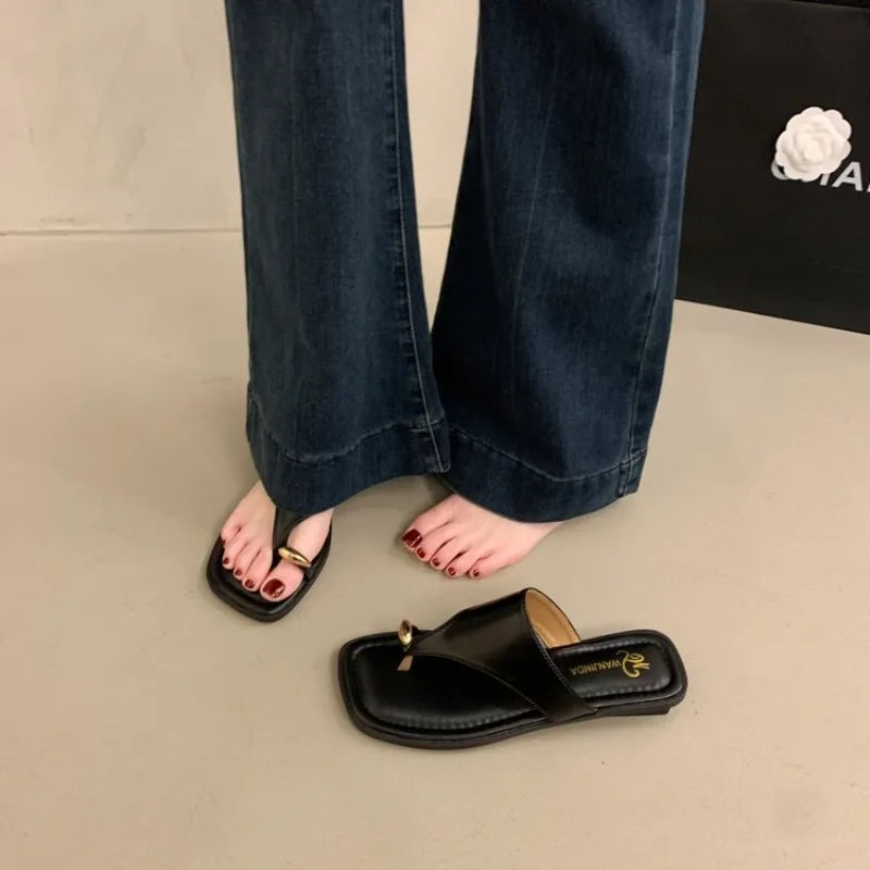 Women's Summer Flat Flip Flops Thong Sandals Square Toe Faux Leather Soft Sole Non Slip Shoes for Beach Vacation Daily Wear