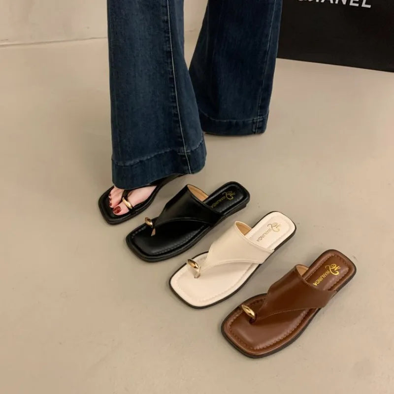 Women's Summer Flat Flip Flops Thong Sandals Square Toe Faux Leather Soft Sole Non Slip Shoes for Beach Vacation Daily Wear