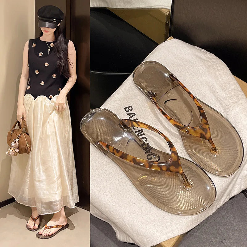 2026hot Women Leopard Print Jelly Flip Flops, Transparent Flat Thong Sandals Non Slip Summer Beach Casual Walking Slippers